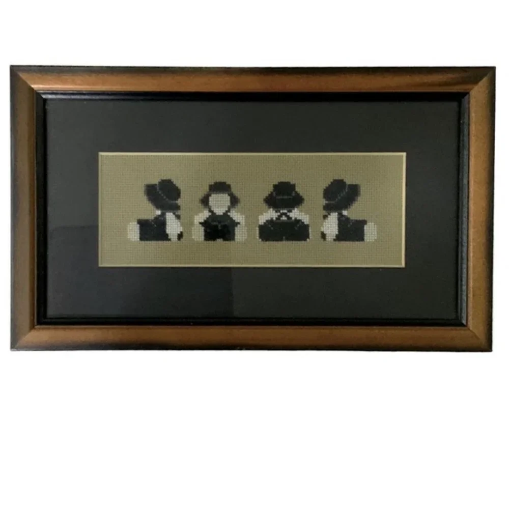 Amish Wall Decor Vintage Needlepoint Traditional Dressed Farmhouse Black White